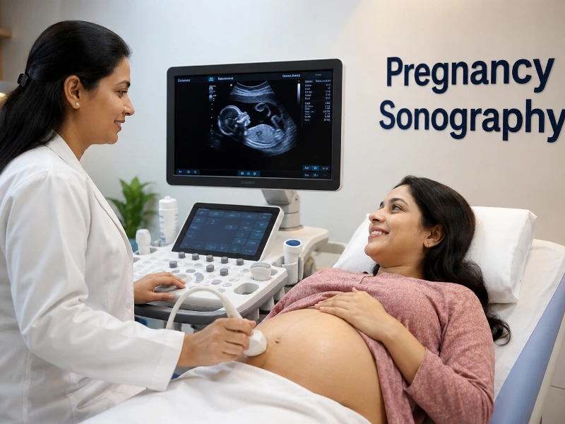 Advanced high-resolution maternal sonography workstation performing a high-precision pregnancy sonography scan to evaluate fetal structures, crown-rump length, and amniotic fluid volume layers
